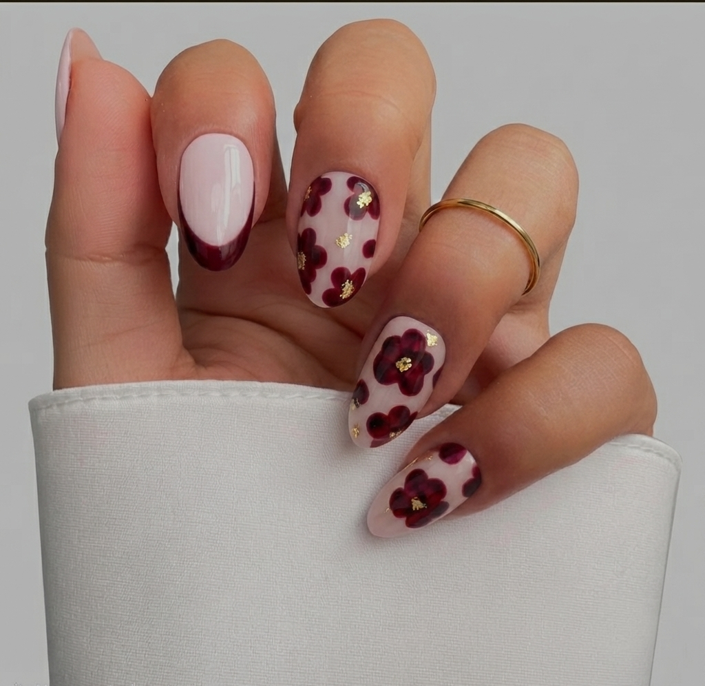 Wine Blossom Gold Leaf Nails