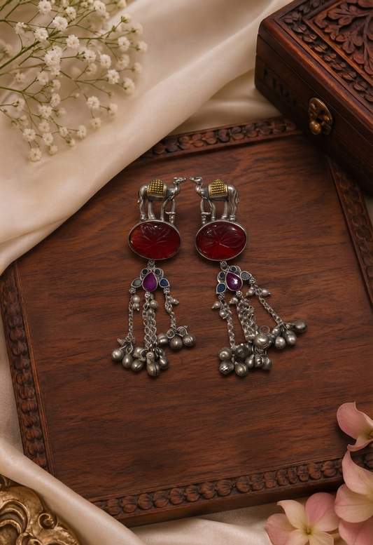 Elephant Carnelian Tassel Earrings